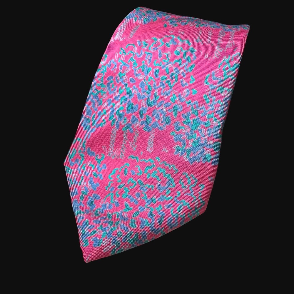Izod Vintage Mens Silk Tie Pink Blue Green Tree Floral Pattern Classic Necktie